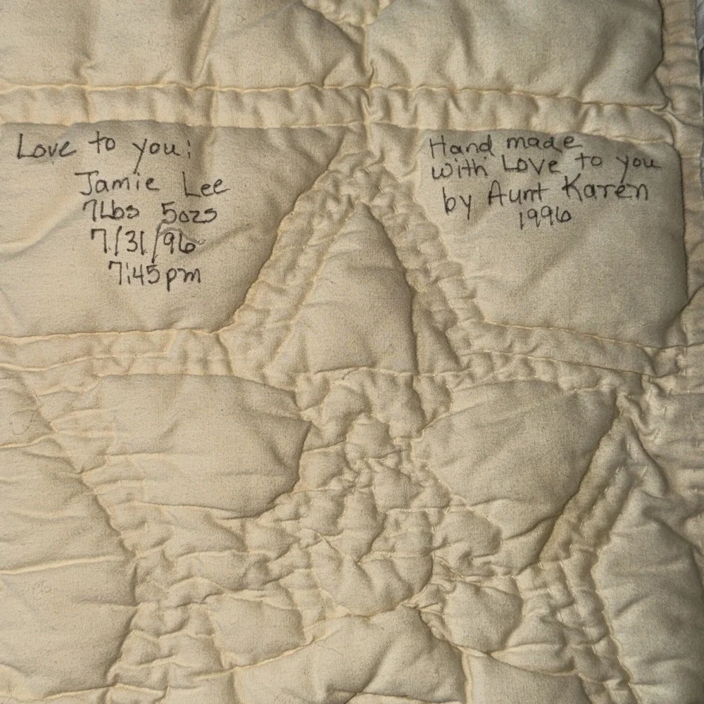 Handmade Teddy Bear Baby Quilt Pastel Crib Blanket Nursery 56x37 Vtg Cottagecore